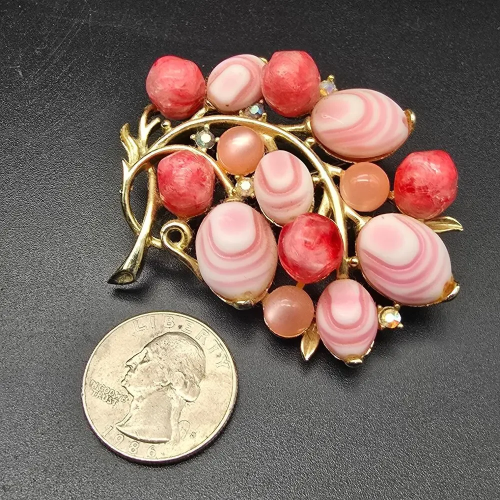 Pink Molded Glass Faux Pearl Brooch Flowers Bouquet Vintage Jewelry